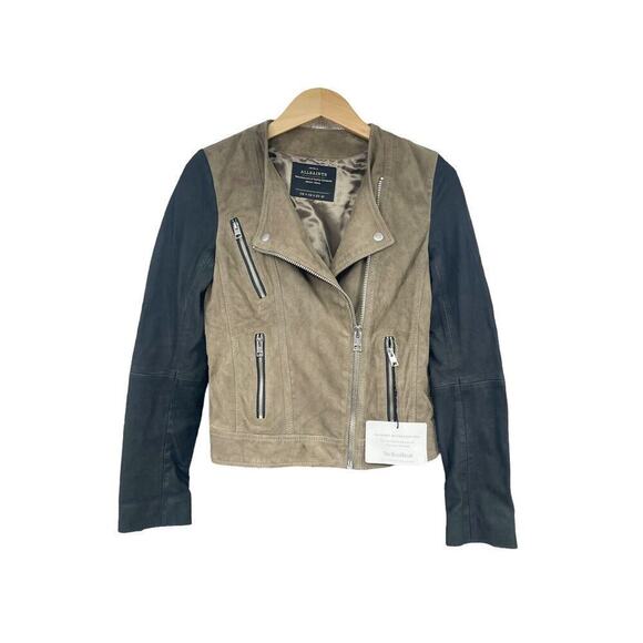 All Saints Leather Biker Style Jacket Taupe Black Womens 0 - Picture 1 of 9